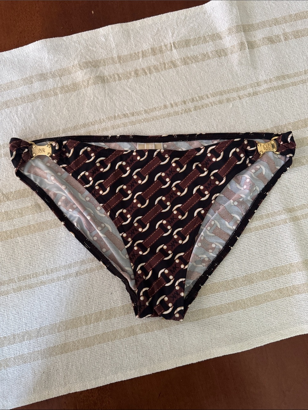 Michael Kors Brown Logo Chain-Print Bikini Bottom with Gold Accents, sz 8